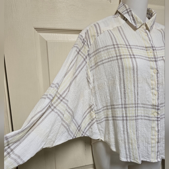 Free People Beige Plaid Cropped Batwing Long Sleeve ButtonUp Shirt SzXS - Picture 7 of 12